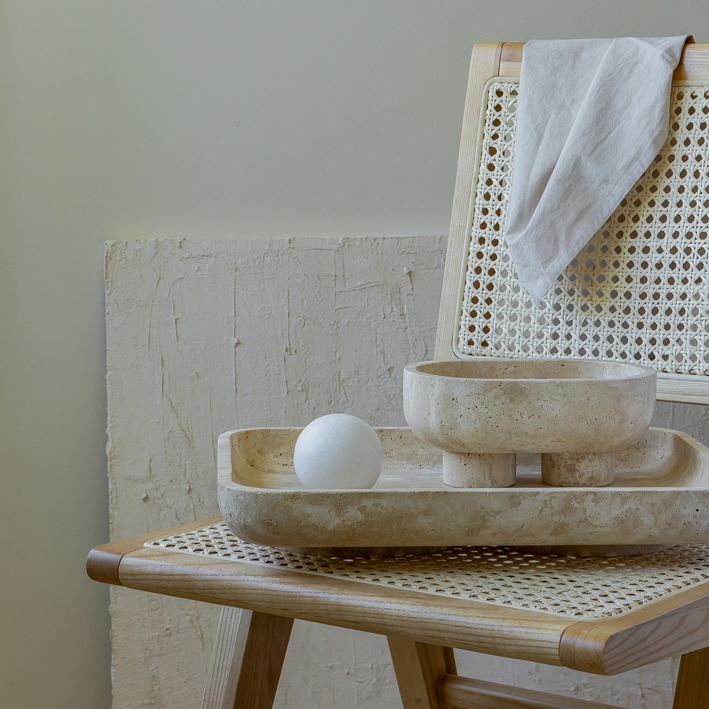 Muse Footed Oval Tray- Beige Travertine