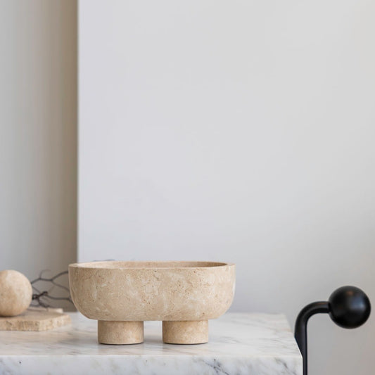 Muse Footed Oval Tray- Beige Travertine